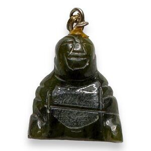 Vintage Chinese Hand-Carved Jade Buddha Pendant Gold-Tone Bale Peace Prosperity